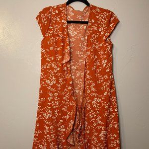 Rust Floral Print Puff Sleeve Dress M